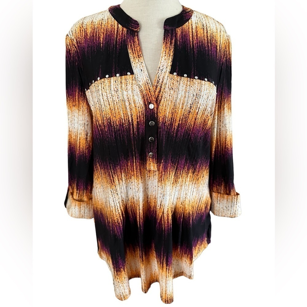 COCOMO XL Orange Purple Studded 3/4 sleeve abstract women’s Pintuck Blouse top